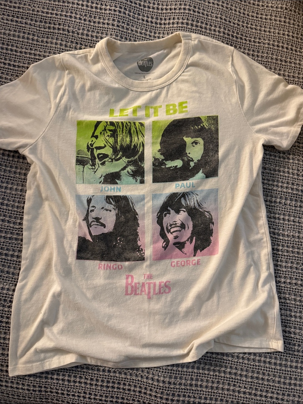 The Beatles White Tee with Neon Green, Cyan, Pink and Black Portraits